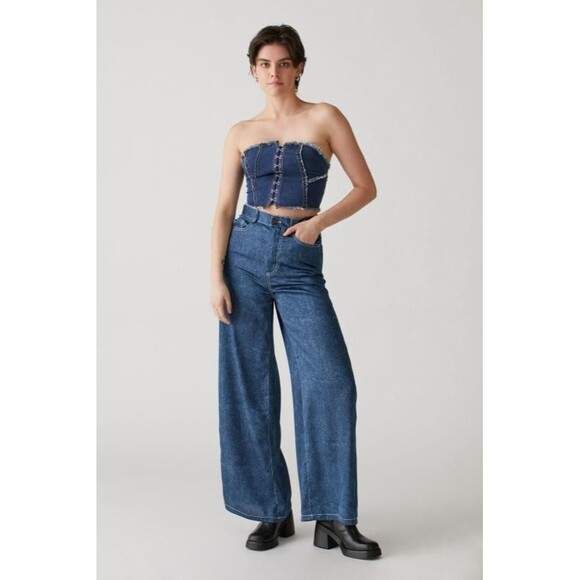 Urban Outfitters Lisa Satin Contrast-Stitch Wide Leg Pant in Blue Size US 0 - Picture 6 of 7